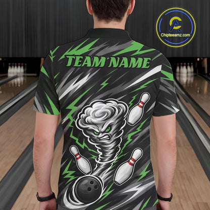 Custom Black And Green Storm Thunnder Lightning Bolts Bowling Team Men Polo Shirt IPHW11809