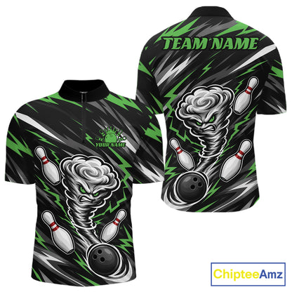 Custom Black And Green Storm Thunnder Lightning Bolts Bowling Team Men Quarter Zip Shirt IPHW11809