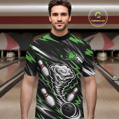 Custom Black And Green Storm Thunnder Lightning Bolts Bowling Team Men Quarter Zip Shirt IPHW11809