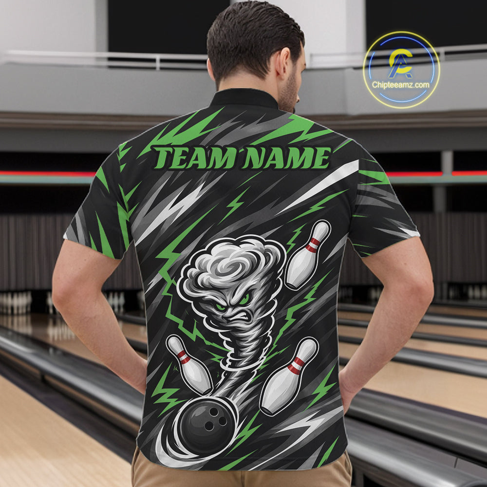 Custom Black And Green Storm Thunnder Lightning Bolts Bowling Team Men Quarter Zip Shirt IPHW11809