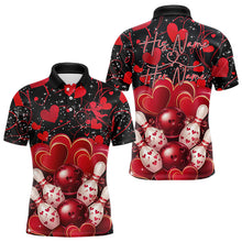 Load image into Gallery viewer, Black And Red Custom Valentines Day Bowling Polo Shirts For Men, Bowling Couple Shirt IPHW8327