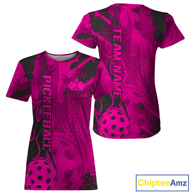 Black And Pink Flame Custom Pickleball T-Shirts For Women, Team Pickleball Jerseys IPHW9301