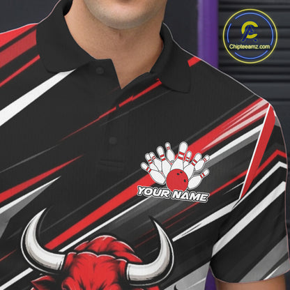 Custom Black And Red Bull Bowling Team Men Polo Shirt, Bull Bowling Jerseys IPHW11814