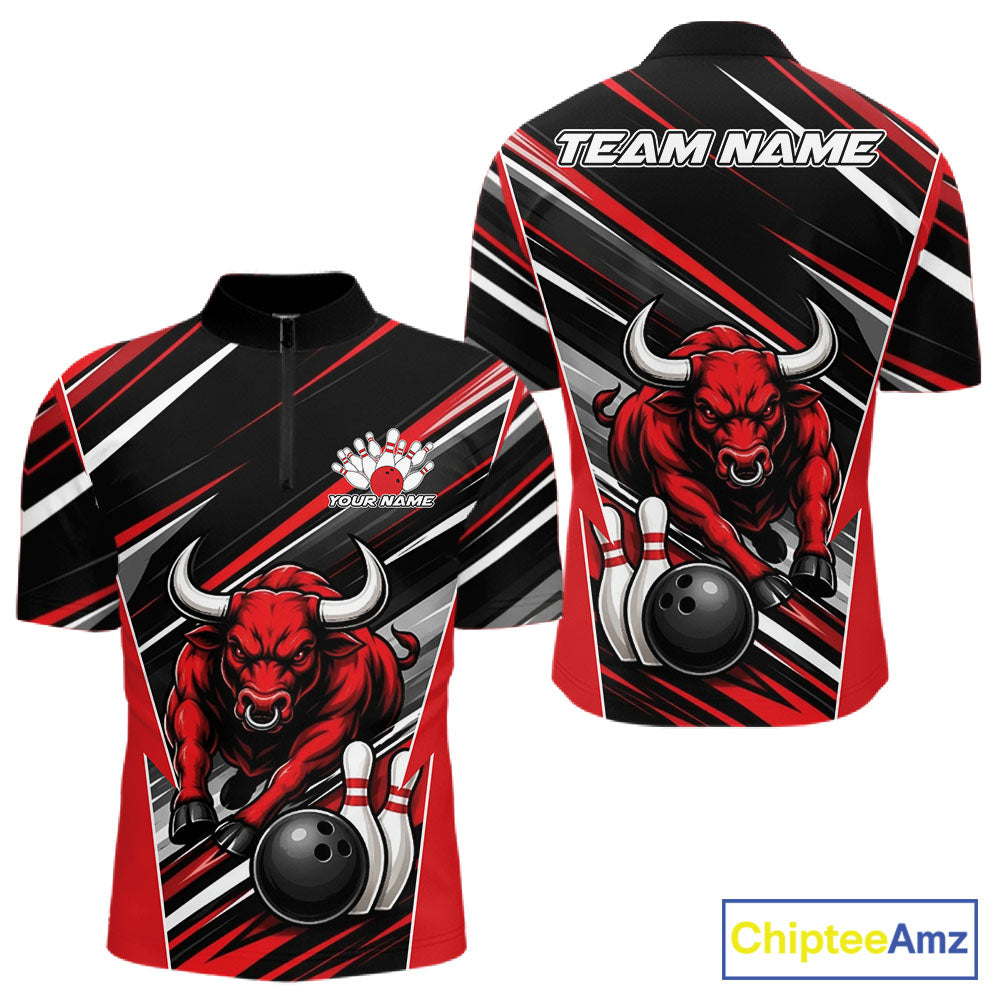 Custom Black And Red Bull Bowling Team Men Quarter Zip Shirt, Bull Bowling Jerseys IPHW11814