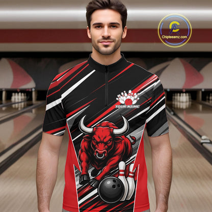 Custom Black And Red Bull Bowling Team Men Quarter Zip Shirt, Bull Bowling Jerseys IPHW11814