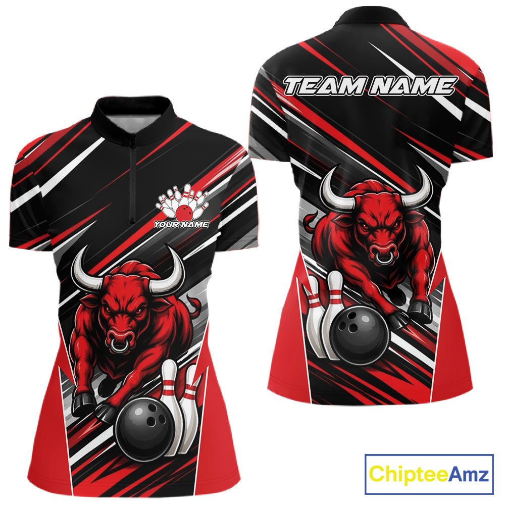 Custom Black And Red Bull Bowling Team Women Quarter-Zip Shirt, Bull Bowling Jerseys IPHW11814