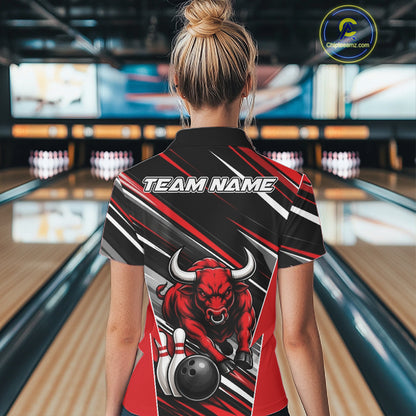 Custom Black And Red Bull Bowling Team Women Quarter-Zip Shirt, Bull Bowling Jerseys IPHW11814