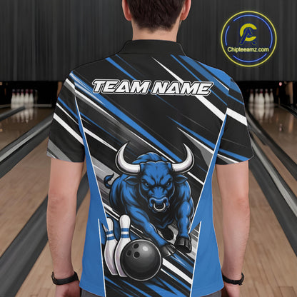 Custom Black And Blue Bull Bowling Team Men Polo Shirt, Bull Bowling Jerseys IPHW11815