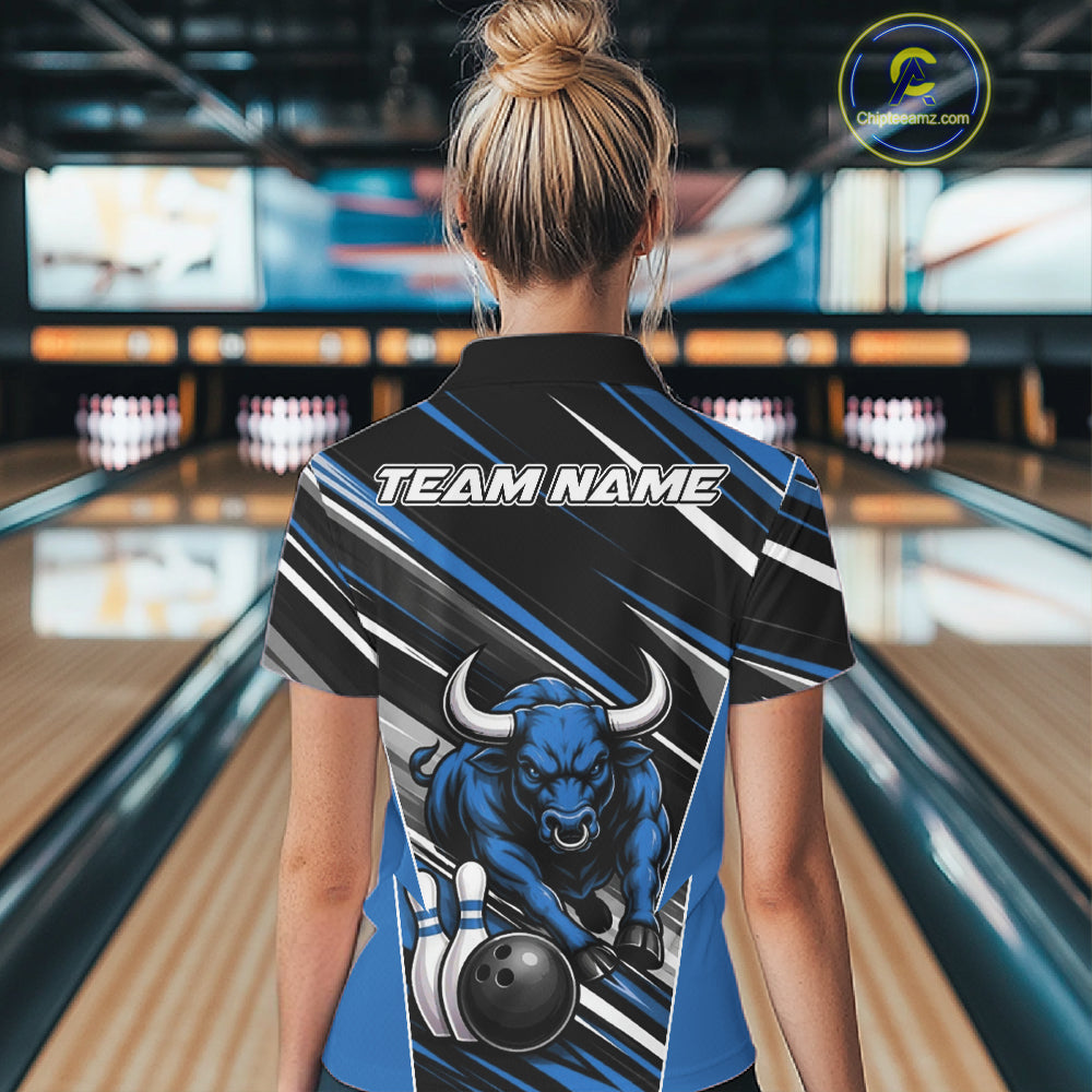 Custom Black And Blue Bull Bowling Team Women Polo Shirt, Bull Bowling Jerseys IPHW11815