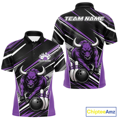 Custom Black And Purple Bull Bowling Team Men Polo Shirt, Bull Bowling Jerseys IPHW11816