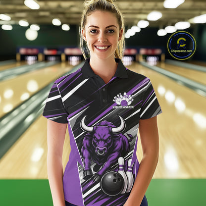 Custom Black And Purple Bull Bowling Team Women Polo Shirt, Bull Bowling Jerseys IPHW11816