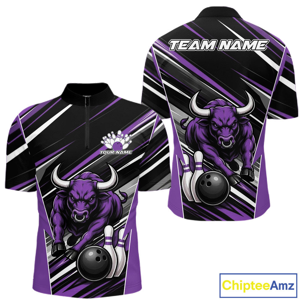 Custom Black And Purple Bull Bowling Team Men Quarter Zip Shirt, Bull Bowling Jerseys IPHW11816
