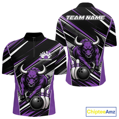 Custom Black And Purple Bull Bowling Team Men Quarter Zip Shirt, Bull Bowling Jerseys IPHW11816