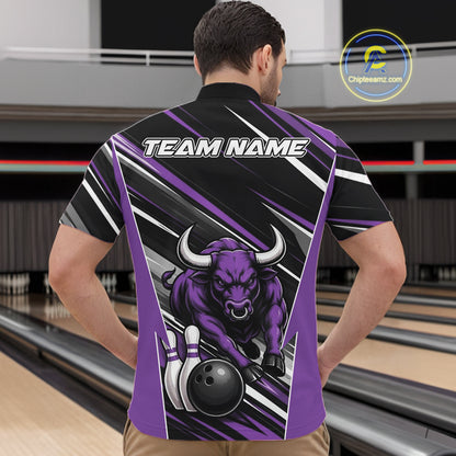 Custom Black And Purple Bull Bowling Team Men Quarter Zip Shirt, Bull Bowling Jerseys IPHW11816