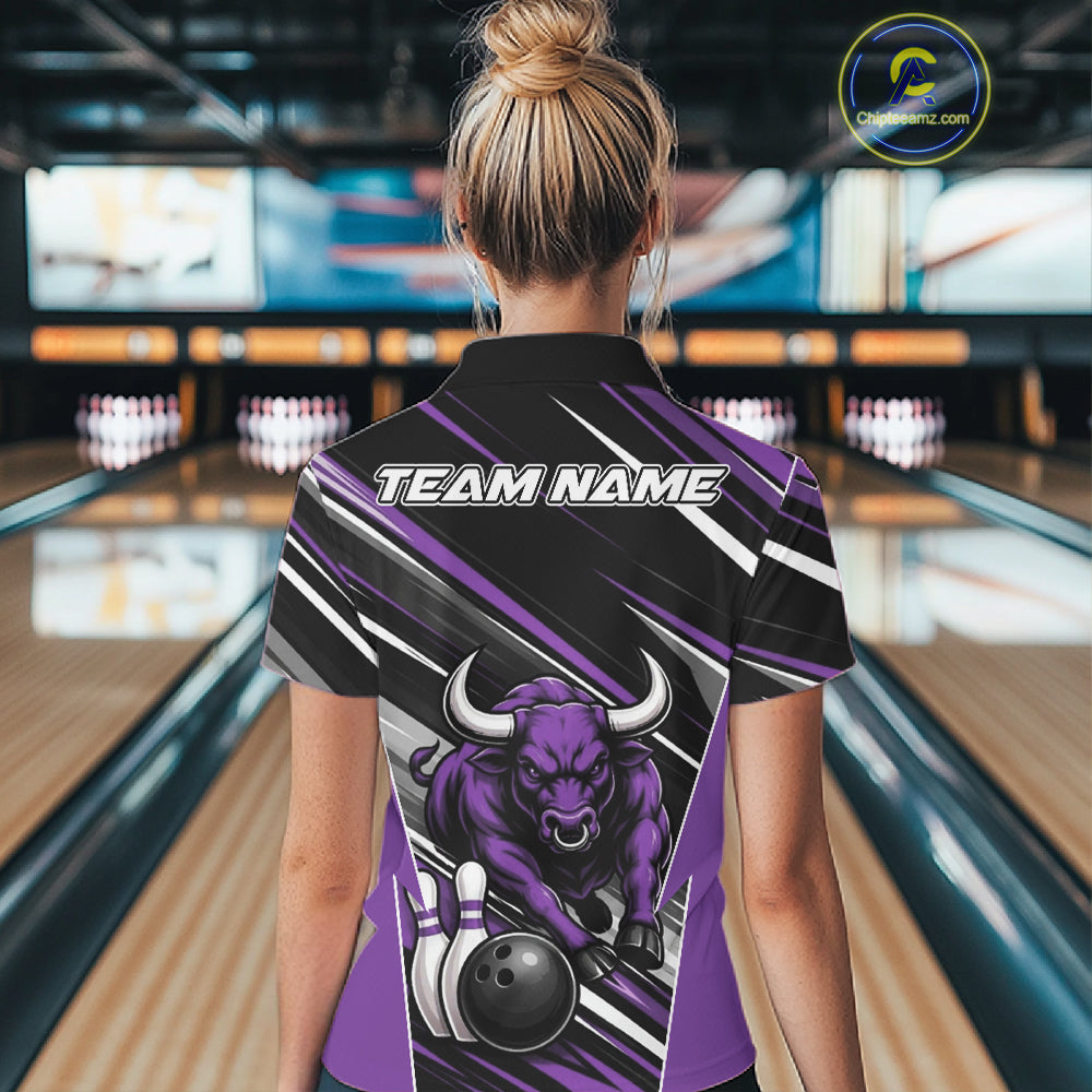 Custom Black And Purple Bull Bowling Team Women Quarter-Zip Shirt, Bull Bowling Jerseys IPHW11816