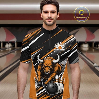 Custom Black And Orange Bull Bowling Team Men Quarter Zip Shirt, Bull Bowling Jerseys IPHW11817