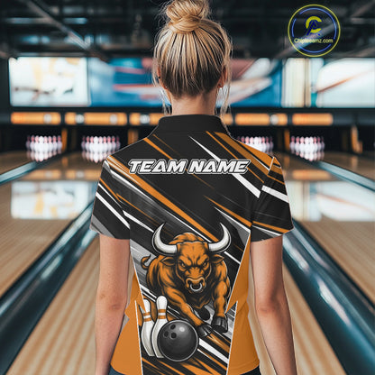 Custom Black And Orange Bull Bowling Team Women Quarter-Zip Shirt, Bull Bowling Jerseys IPHW11817