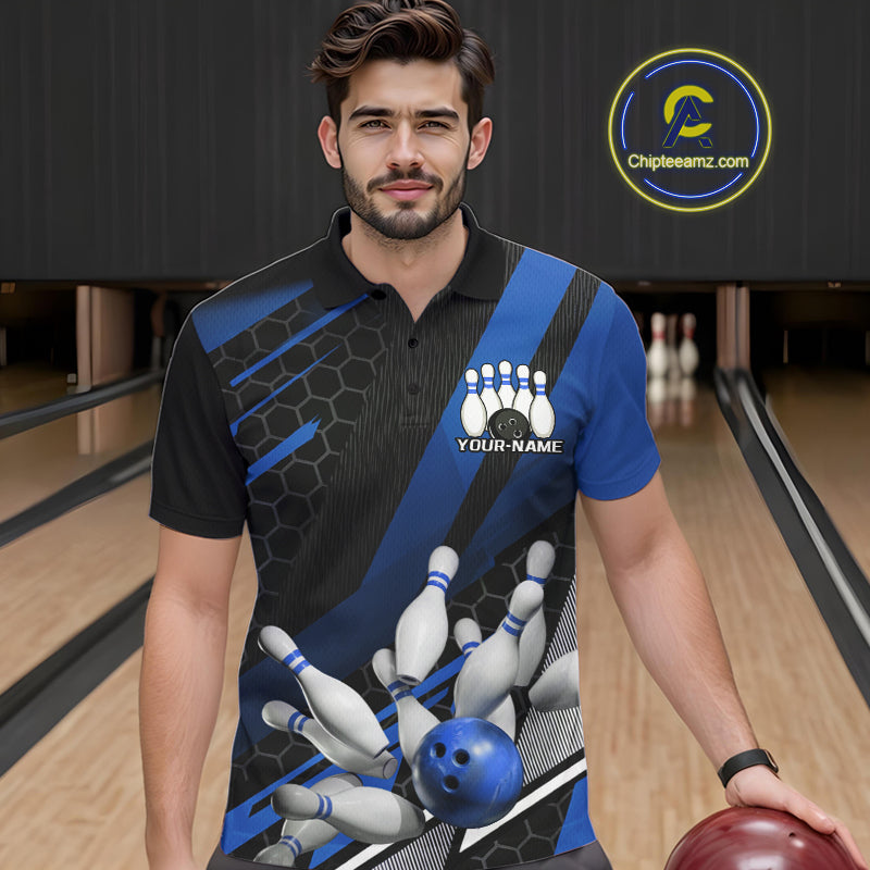 Custom Black And Blue Bowling Team Jerseys, Striking Bowling League Polo Shirt For Men IPHW9811