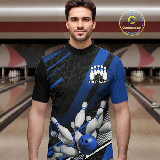 Custom Black And Blue Bowling Team Jerseys, Striking Bowling League Quarter-Zip Shirt For Men IPHW9811
