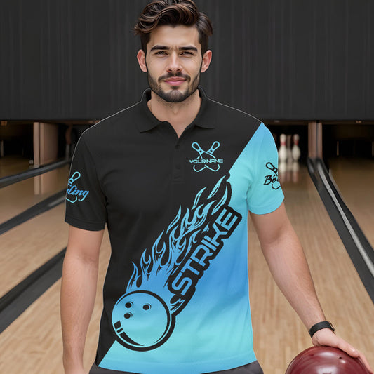 Black And Blue Custom Strike Bowling Polo Shirts For Men, Bowling Team Shirt Bowler Outfit IPHW8822