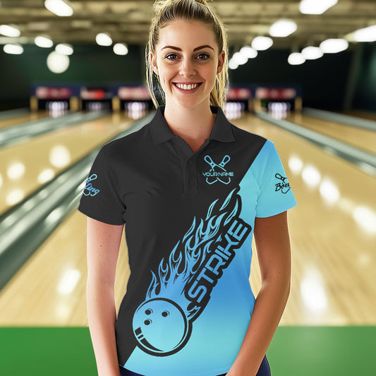 Black And Blue Custom Strike Bowling Polo Shirt For Women, Bowling Team Shirt Bowler Outfit IPHW8822
