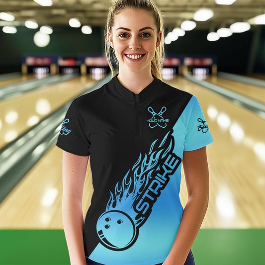 Black And Blue Custom Strike Bowling Womens Quarter-Zip Shirts, Bowling Team Bowler Outfit IPHW8822
