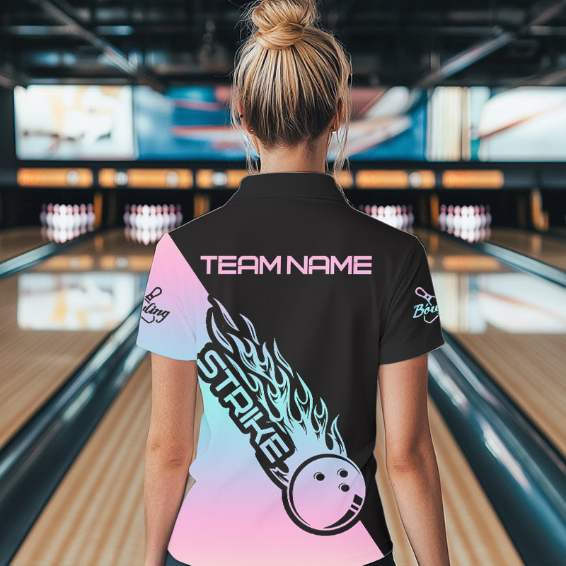 Blue And Pink Custom Strike Bowling Polo Shirts For Women, Bowling Team Shirt Bowler Outfit IPHW8823