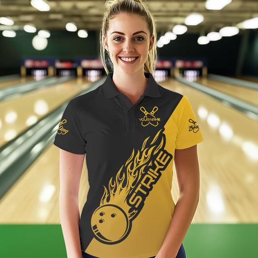 Black And Golden Custom Strike Bowling Women Polo Shirts , Bowling Team Shirt Bowler Outfit IPHW8825