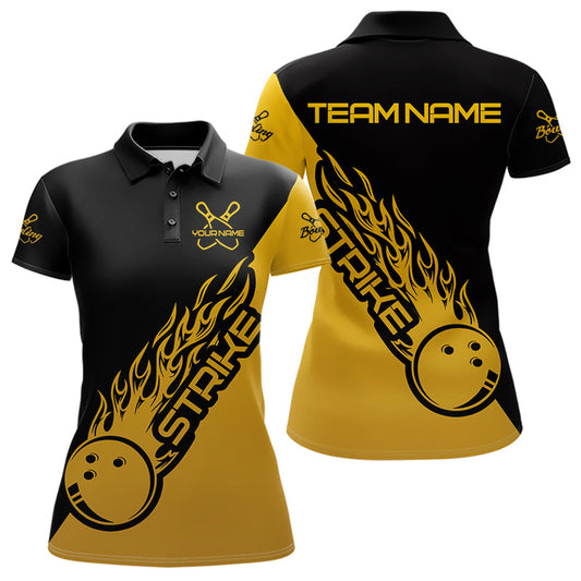 Black And Golden Custom Strike Bowling Women Polo Shirts , Bowling Team Shirt Bowler Outfit IPHW8825