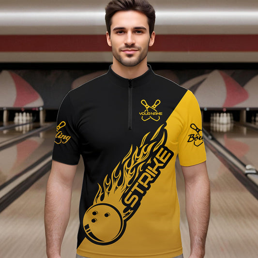 Black And Golden Custom Strike Bowling Quarter-Zip Shirts For Men, Bowling Team Shirt Bowler Outfit IPHW8825