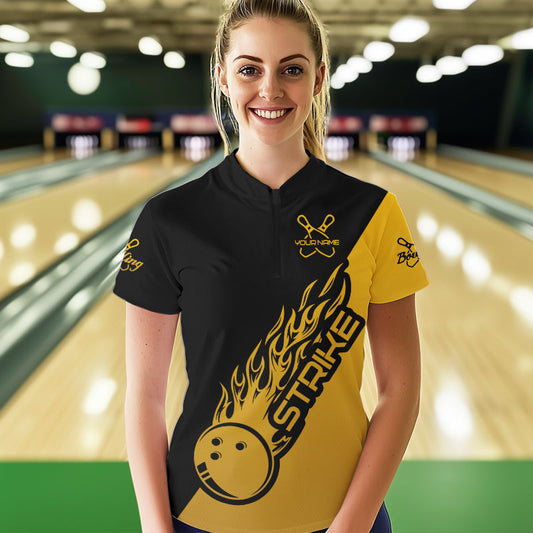 Black And Golden Custom Strike Bowling Women Quarter-Zip Shirts, Bowling Team Bowler Outfit IPHW8825