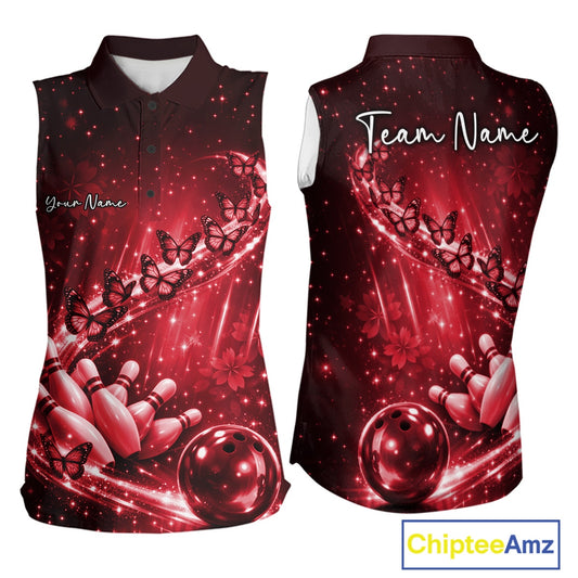 Custom Red Butterfly Bowling Women Sleeveless Polo Team Shirt, Ladies Bowling League Shirt IPHW10903