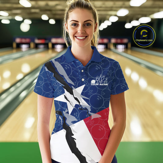 Custom Bowling Pattern Texeas Bowling Polo Shirts For Women, Texas Bowling League Shirt IPHW9630