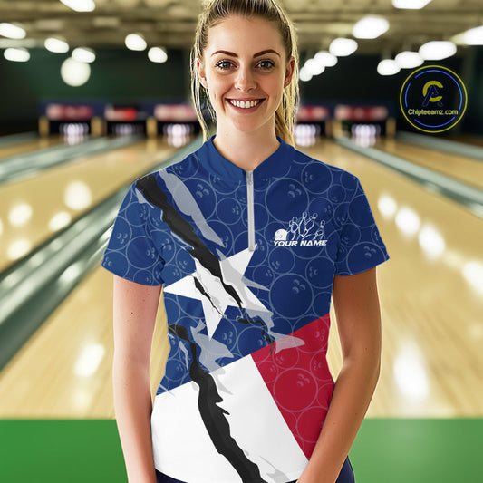 Custom Bowling Pattern Texeas Bowling Women Quarter Zip Shirt, Texas Bowling League Shirt IPHW9630