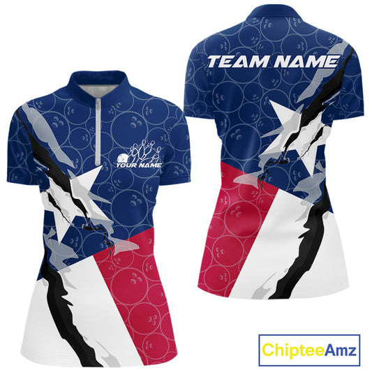 Custom Bowling Pattern Texeas Bowling Women Quarter Zip Shirt, Texas Bowling League Shirt IPHW9630