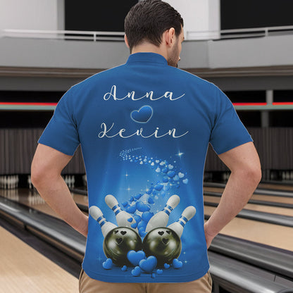 Custom Blue Valentine Bowling Quarter-Zip Shirts For Men, Valentines Day Couple Bowling Outfits  IPHW8349