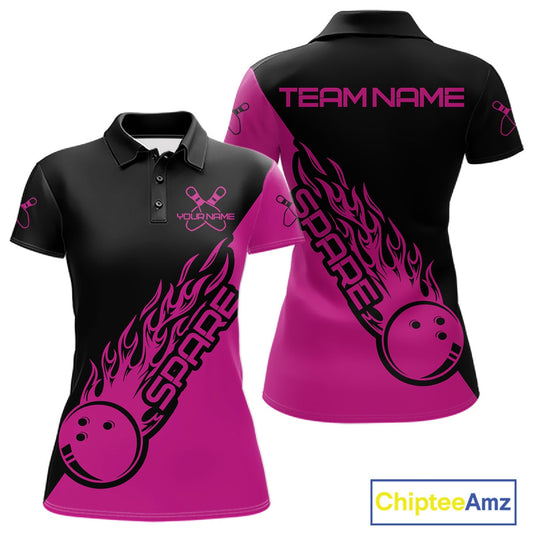 Custom Black And Pink Flame Spare Bowling Women Shirts, Bowling Team League Jerseys IPHW10691