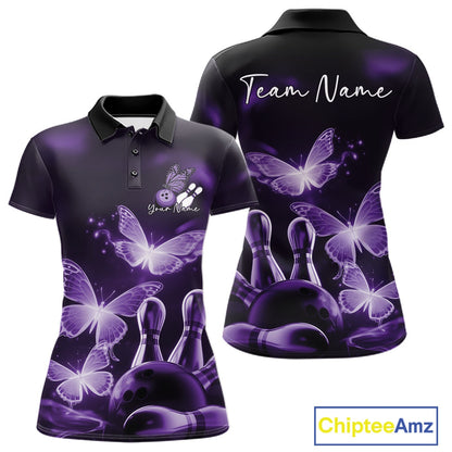 Custom Purple Butterfly Bowling Polo Shirts For Women, Bowling Team Shirt With Butterflies IPHW10700