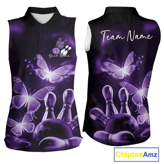 Custom Purple Butterfly Bowling Sleeveless Polo Shirts Women, Bowling Team Shirt With Butterflies IPHW10700