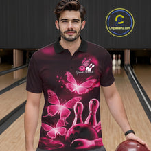 Load image into Gallery viewer, Custom Pink Butterfly Bowling Polo Shirts For Men, Bowling Team Shirt With Butterflies IPHW10702