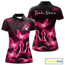 Load image into Gallery viewer, Custom Pink Butterfly Bowling Polo Shirts For Women, Bowling Team Shirt With Butterflies IPHW10702