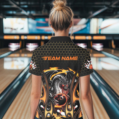 Custom Black And Yellow Flame Dragon Bowling Women Polo Shirts, Team Bowling League Shirt IPHW8839