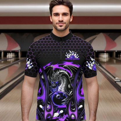 Custom Black And Purple Flame Dragon Bowling Men Quarter-Zip Shirts, Team Bowling League Shirt IPHW8840