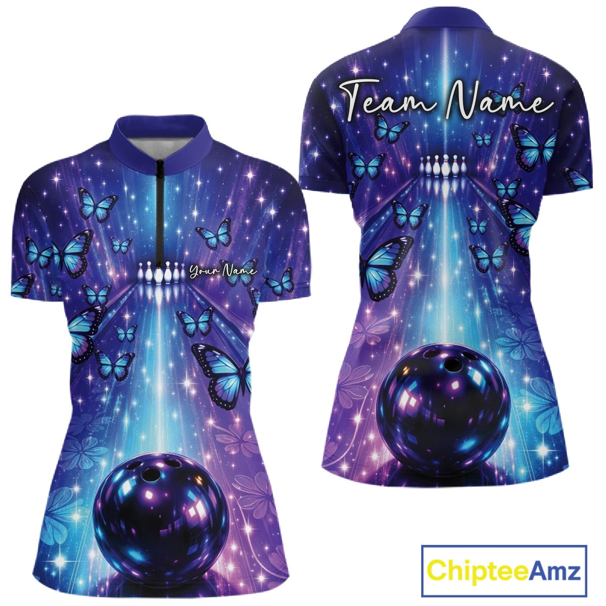 Custom Blue And Purple Galaxy Bowling Lane Butterfly Bowling Women Quarter-Zip Shirt IPHW10913