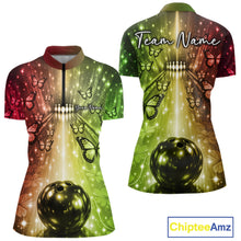 Load image into Gallery viewer, Custom Red And Green Galaxy Bowling Lane Butterfly Bowling Team Women Quarter-Zip Shirt IPHW10914