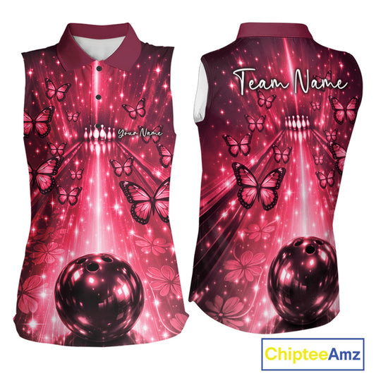 Custom Red Galaxy Bowling Lane Butterfly Bowling Team Women Sleeveless Polo Shirt IPHW10916