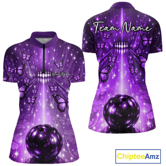Custom Purple Galaxy Bowling Lane Butterfly Bowling Team Women Quarter-Zip Shirt IPHW10917