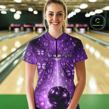 Load image into Gallery viewer, Custom Purple Galaxy Bowling Lane Butterfly Bowling Team Women Quarter-Zip Shirt IPHW10917