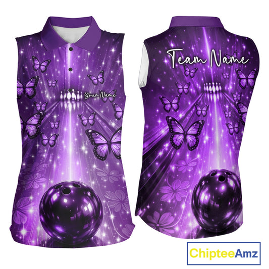 Custom Purple Galaxy Bowling Lane Butterfly Bowling Team Women Sleeveless Polo Shirt IPHW10917