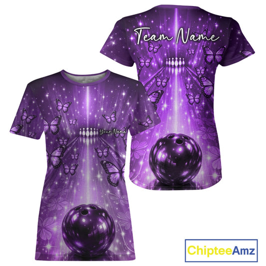 Custom Purple Galaxy Bowling Lane Butterfly Bowling Team Women T-Shirts IPHW10917